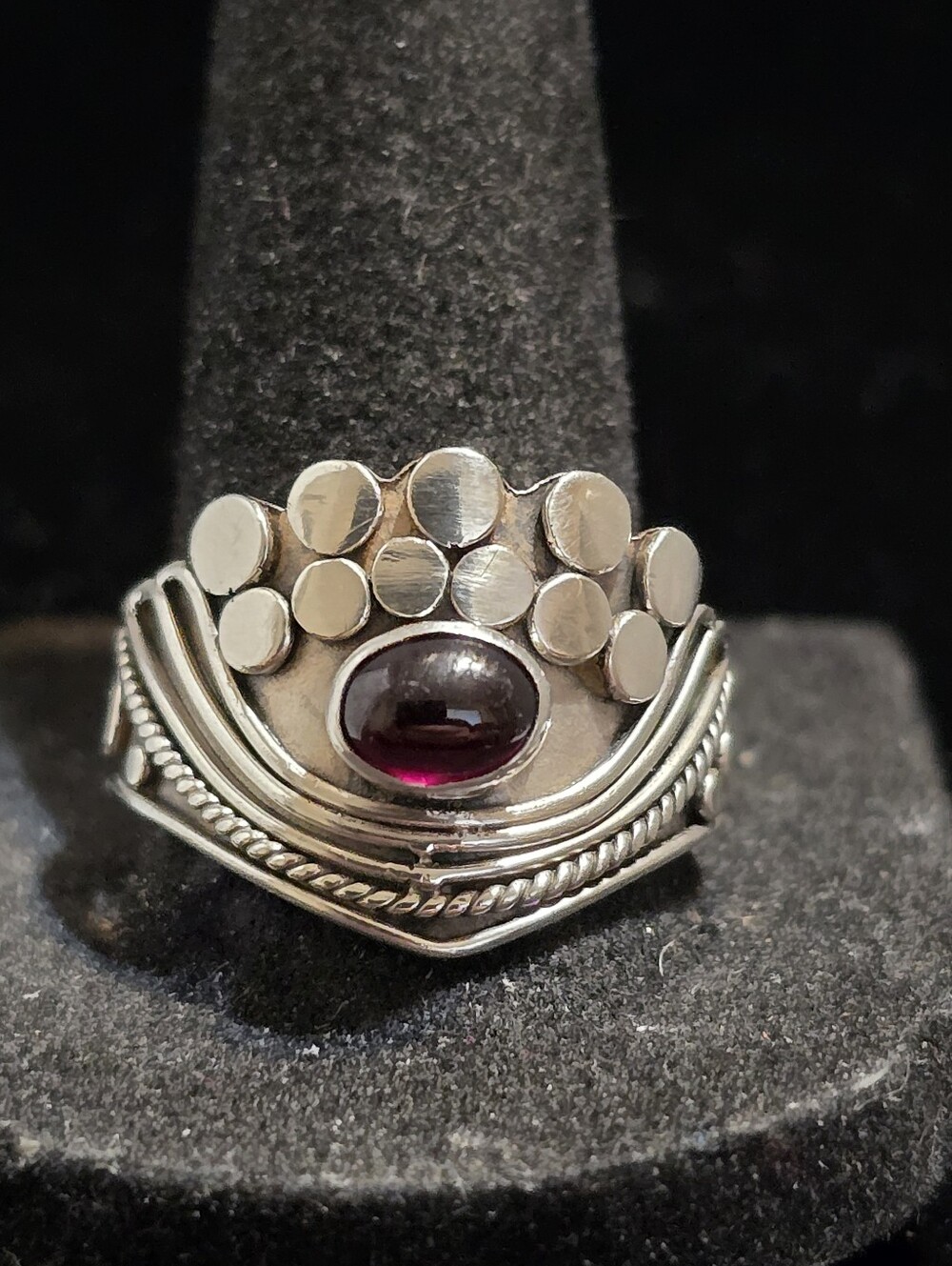 Vintage Sterling Silver and Red Garnet Statement Ring Size 10 Adjustable